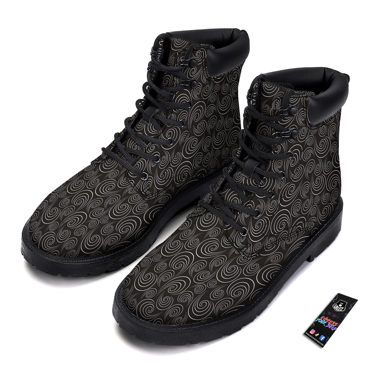 Black Spiral Wave Print Pattern Boots-grizzshop