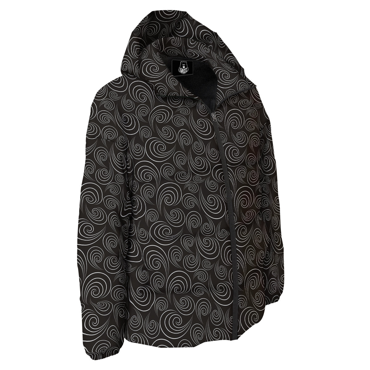 Black Spiral Wave Print Pattern Down Jacket-grizzshop