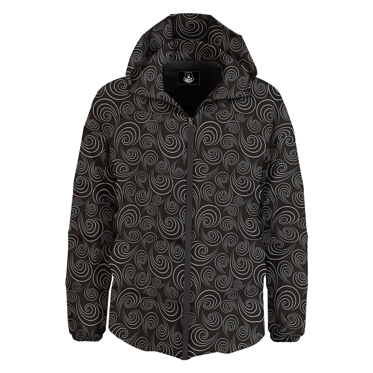 Black Spiral Wave Print Pattern Down Jacket-grizzshop