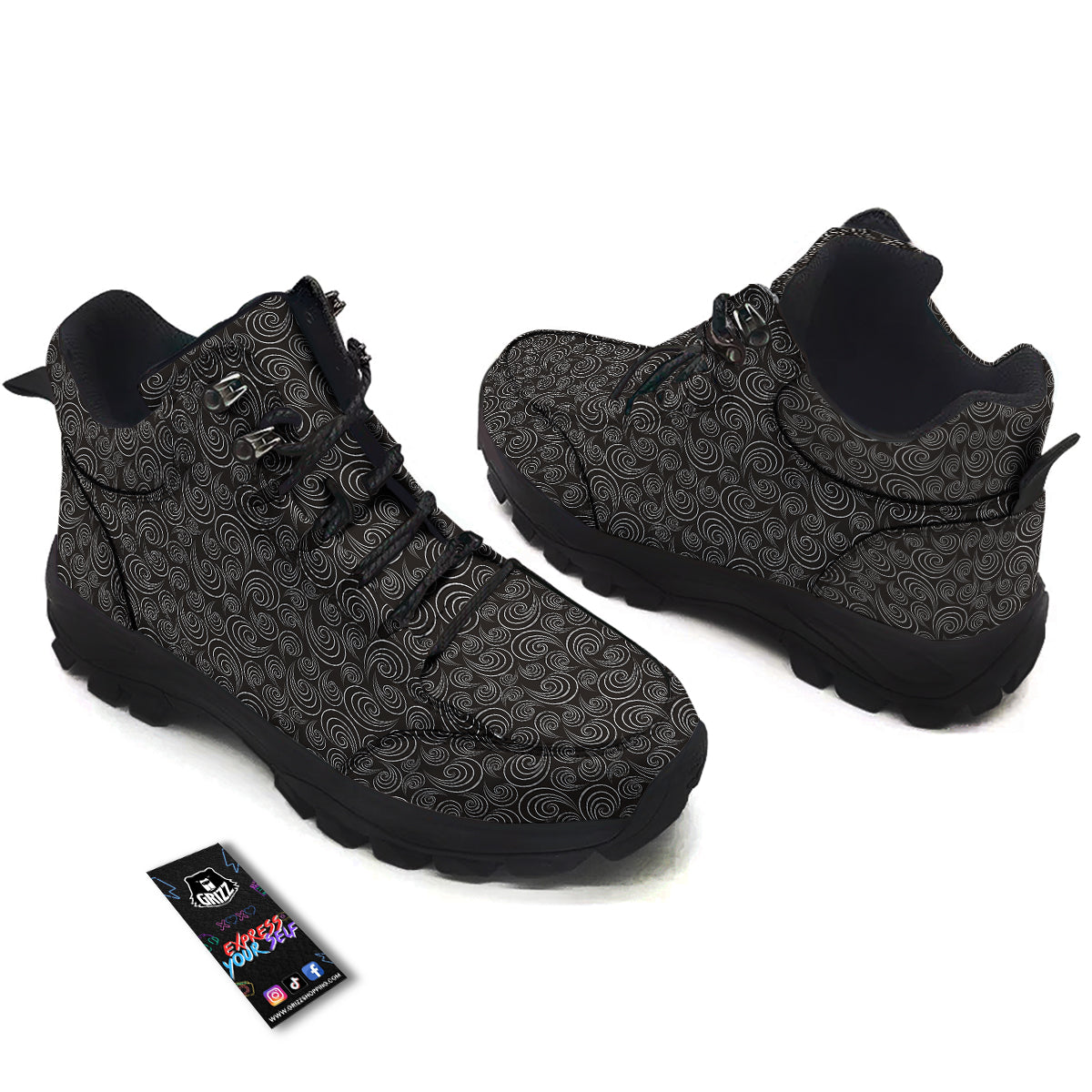 Black Spiral Wave Print Pattern Hiking Shoes-grizzshop