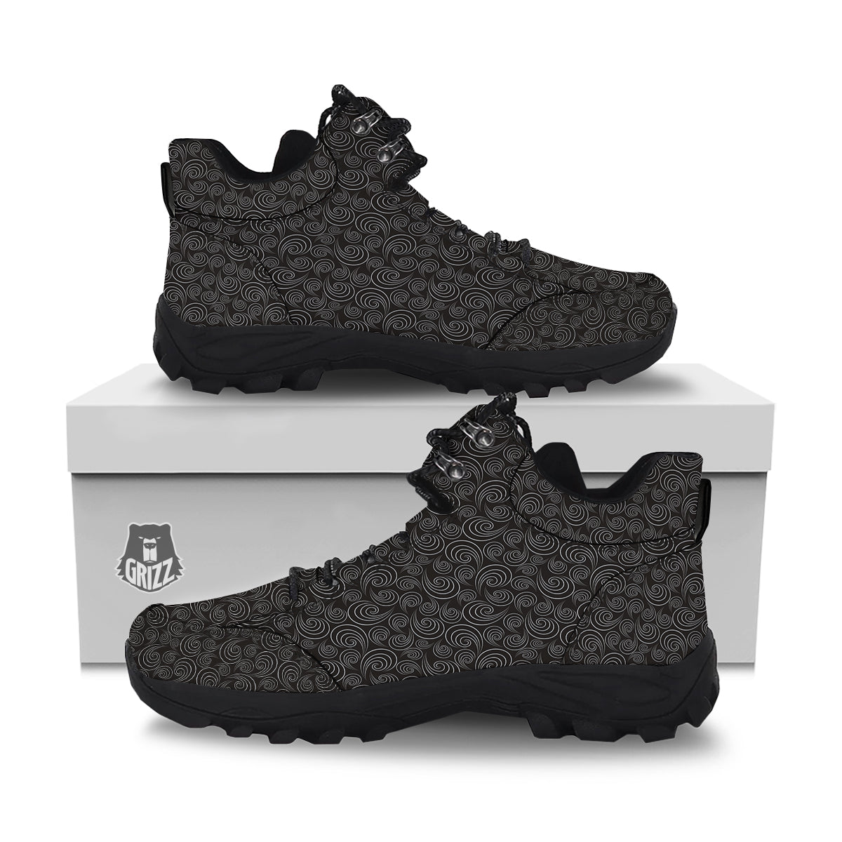 Black Spiral Wave Print Pattern Hiking Shoes-grizzshop