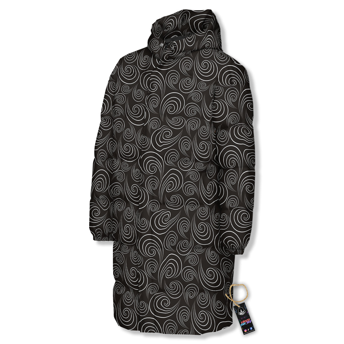 Black Spiral Wave Print Pattern Long Down Jacket-grizzshop
