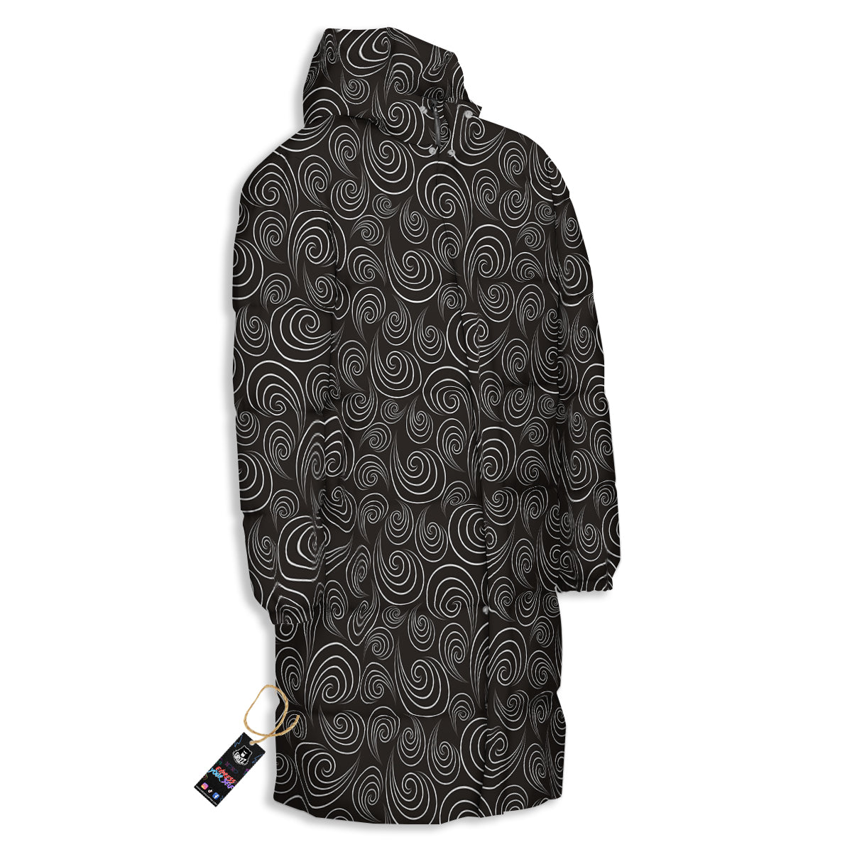 Black Spiral Wave Print Pattern Long Down Jacket-grizzshop
