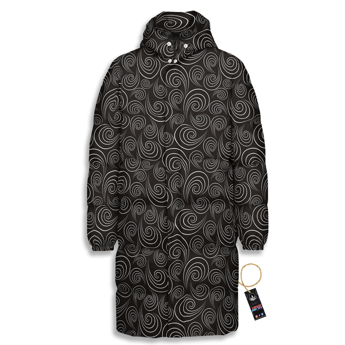 Black Spiral Wave Print Pattern Long Down Jacket-grizzshop