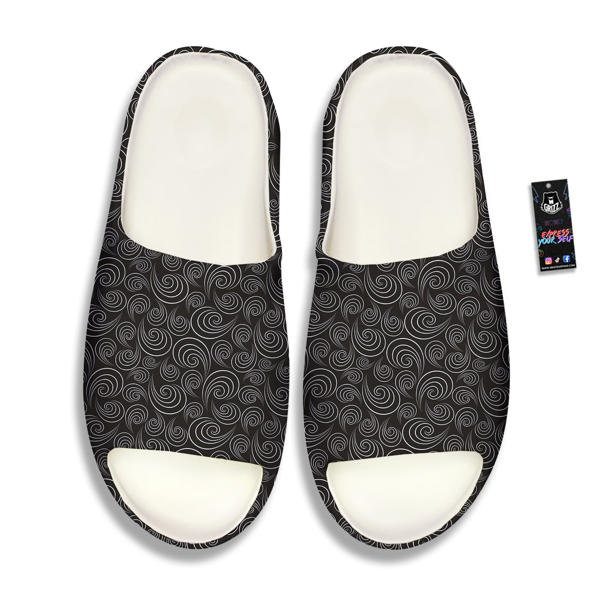Black Spiral Wave Print Pattern Sandals-grizzshop