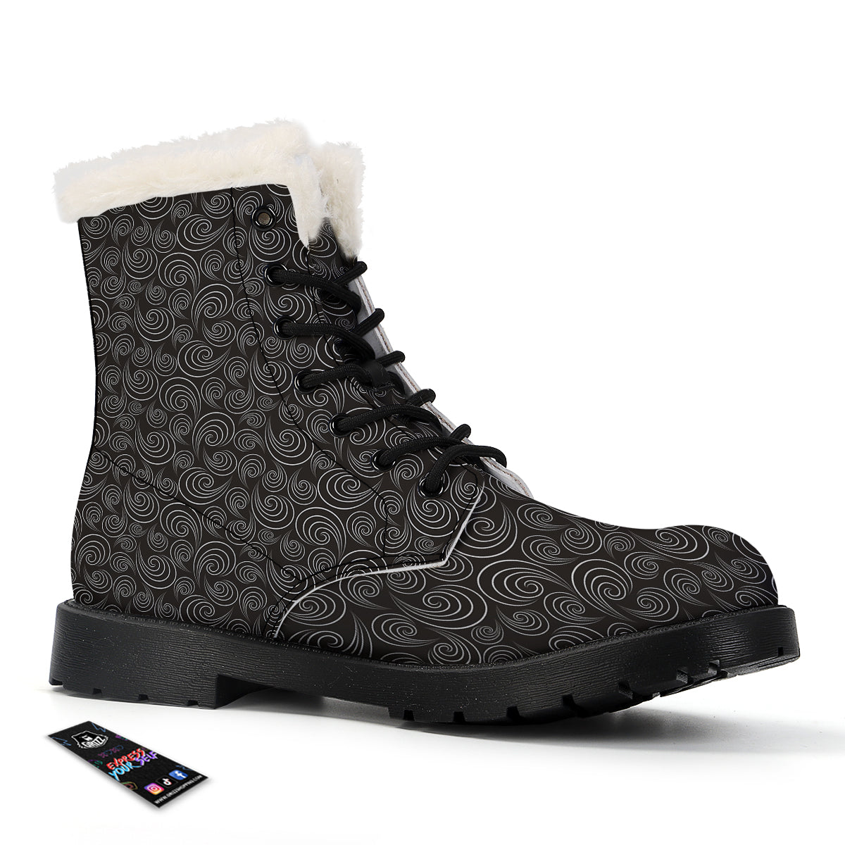 Black Spiral Wave Print Pattern Winter Boots-grizzshop