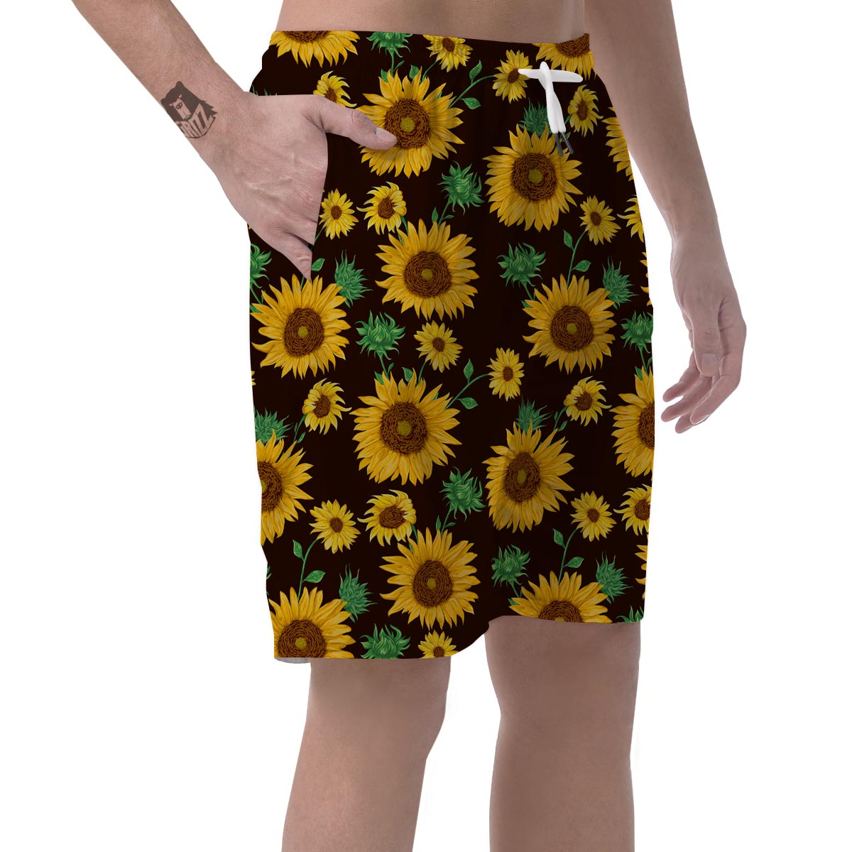 Black Sunflower Print Men's Shorts-grizzshop