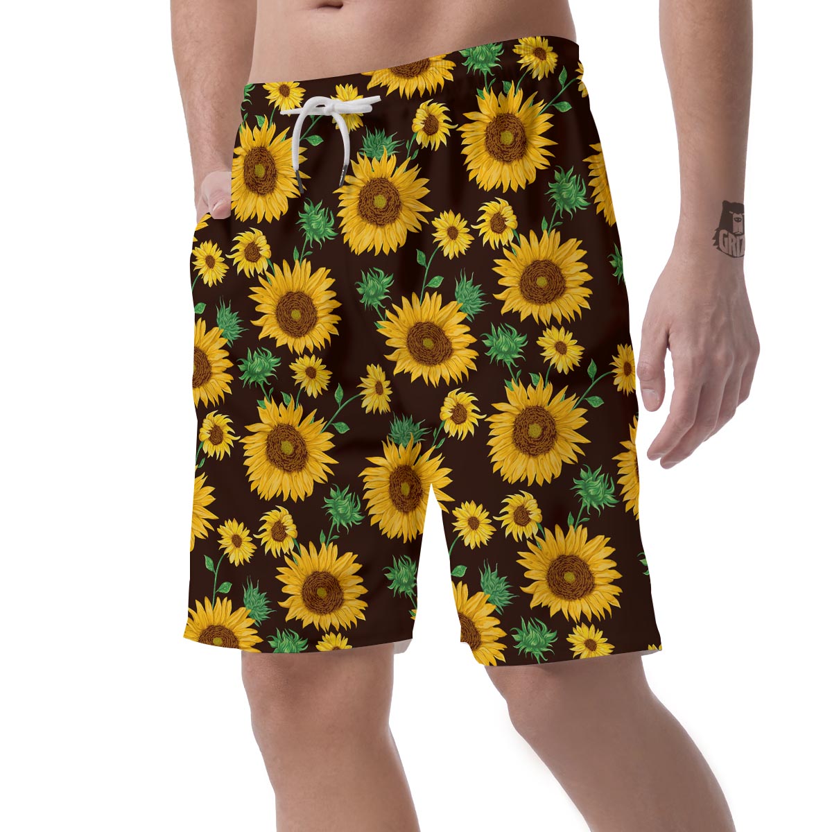 Black Sunflower Print Men's Shorts-grizzshop