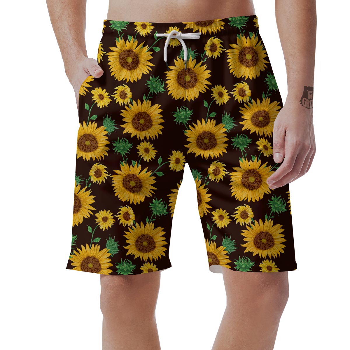 Black Sunflower Print Men's Shorts-grizzshop