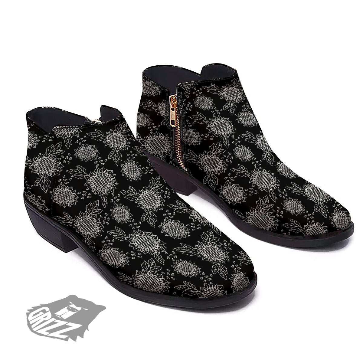 Black Sunflower Print Pattern Ankle Boots-grizzshop