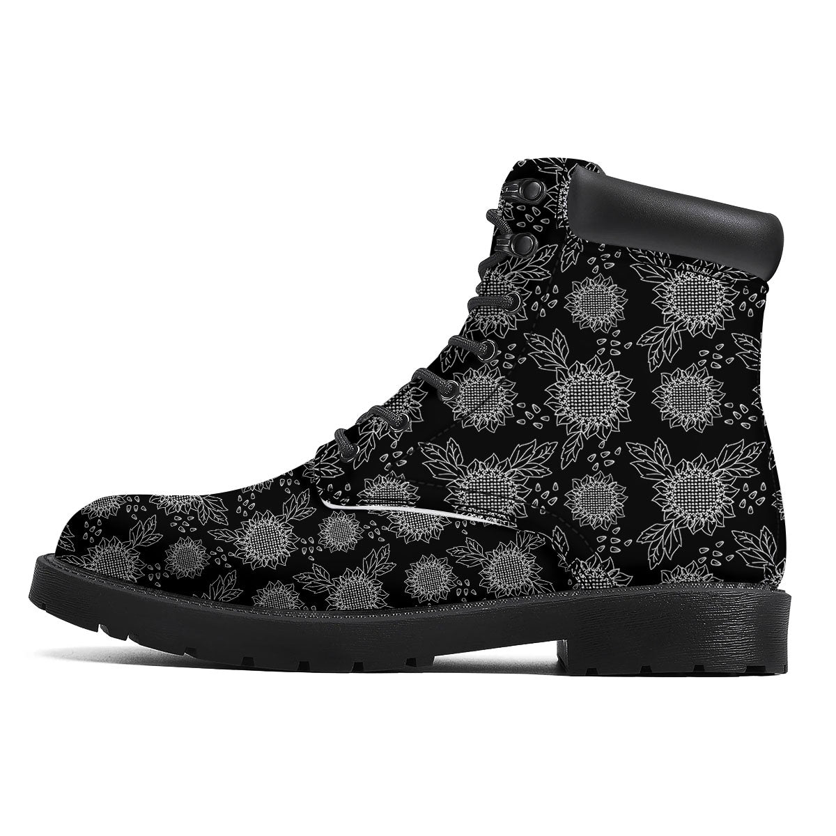 Black Sunflower Print Pattern Boots-grizzshop