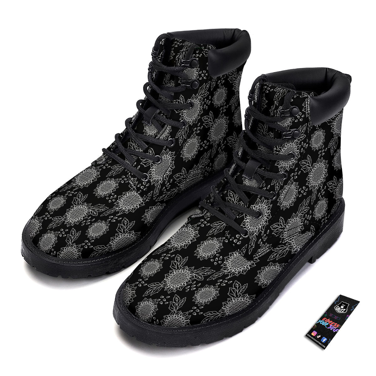 Black Sunflower Print Pattern Boots-grizzshop