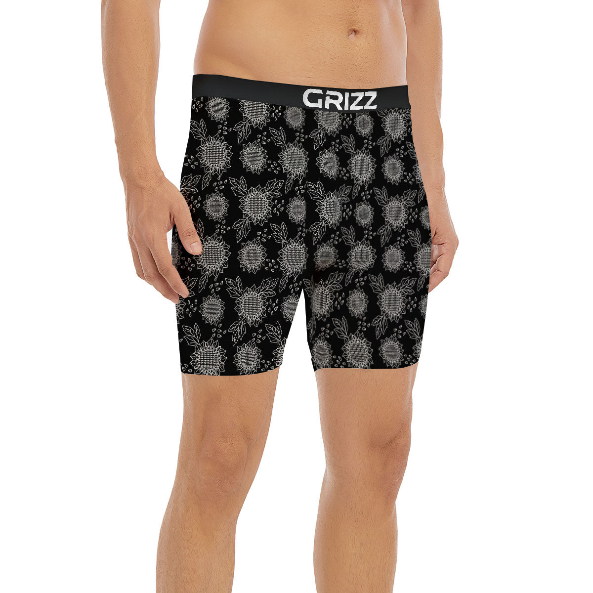 Black Sunflower Print Pattern Boxer Briefs-grizzshop