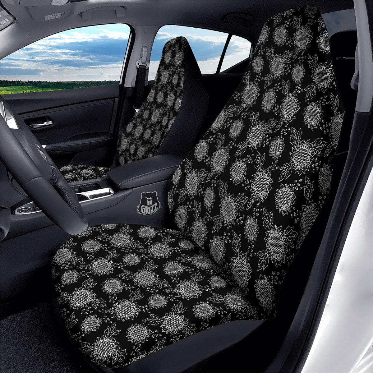 Black Sunflower Print Pattern Car Seat Covers-grizzshop