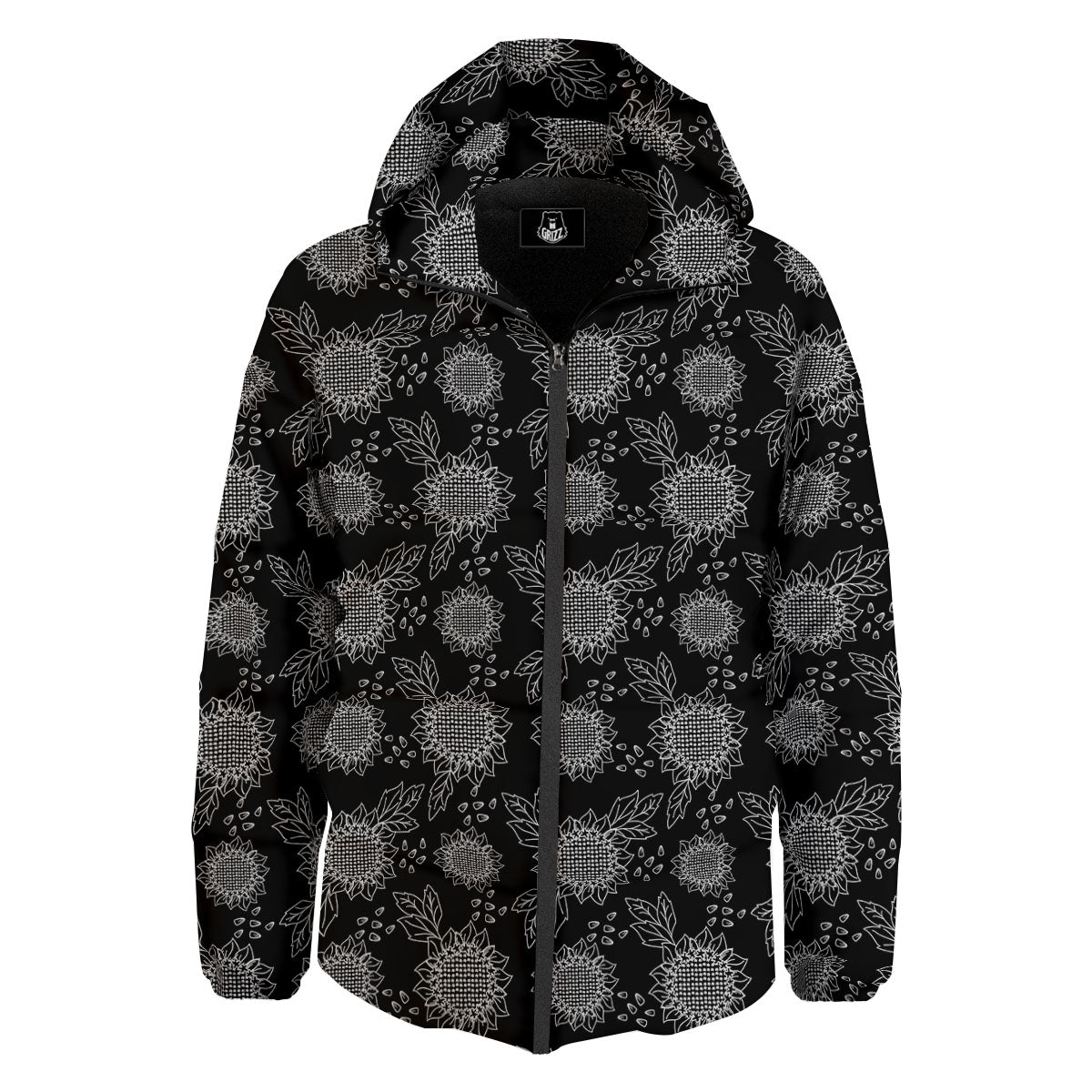 Black Sunflower Print Pattern Down Jacket-grizzshop