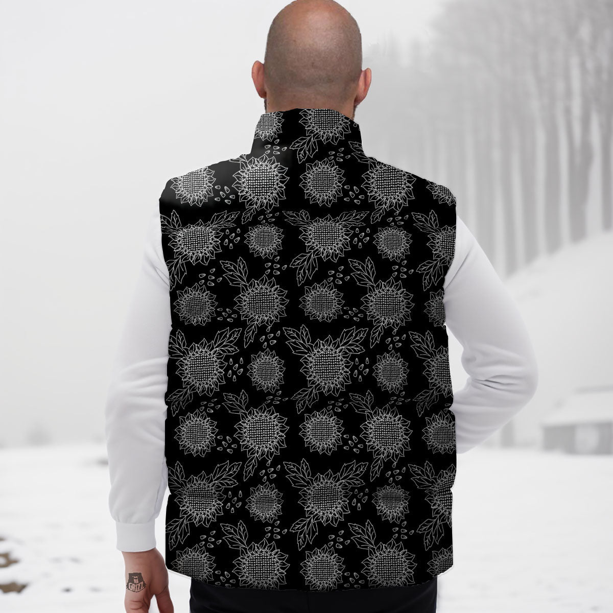 Black Sunflower Print Pattern Down Vest