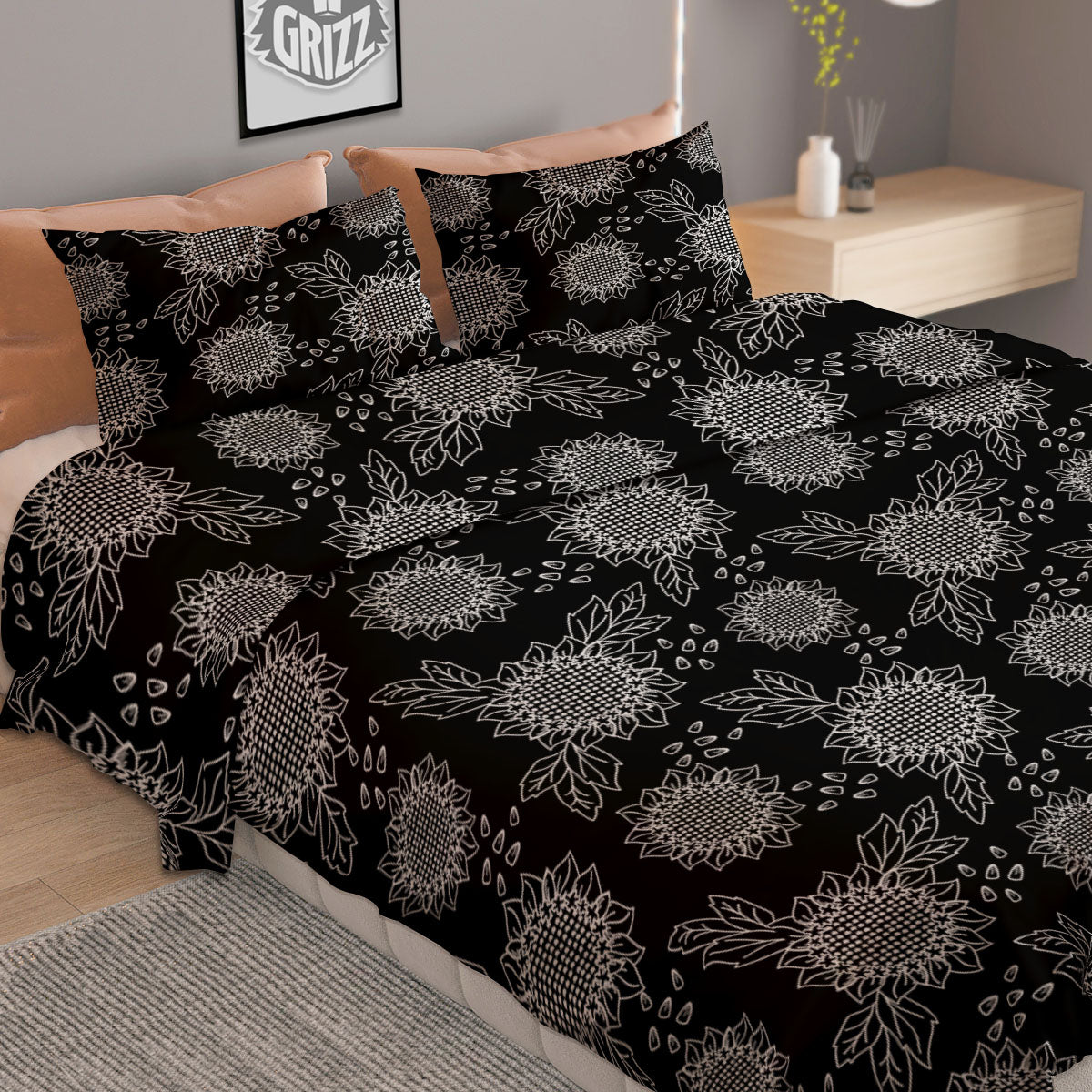 Black Sunflower Print Pattern Duvet Cover Bedding Set