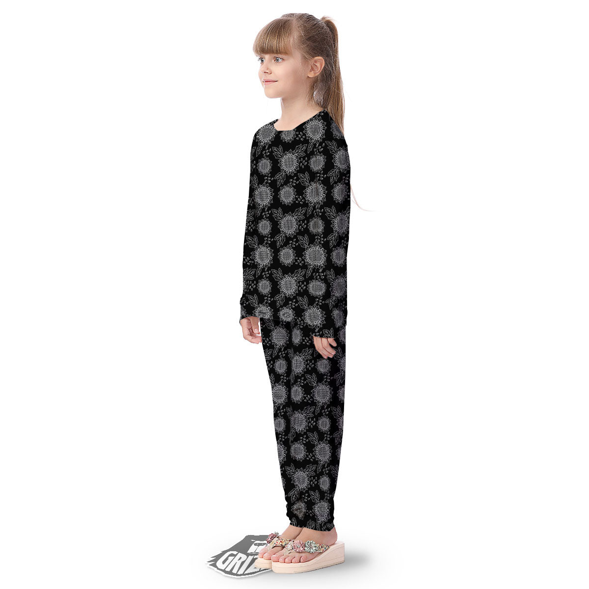 Black Sunflower Print Pattern Kid's Pajamas-grizzshop