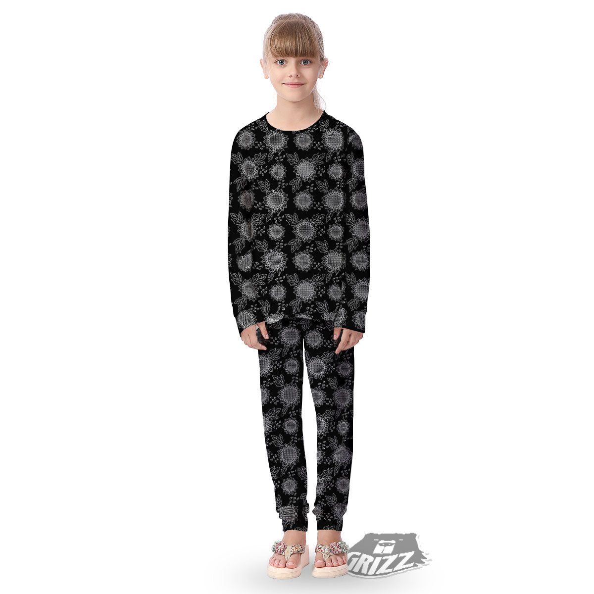 Black Sunflower Print Pattern Kid's Pajamas-grizzshop