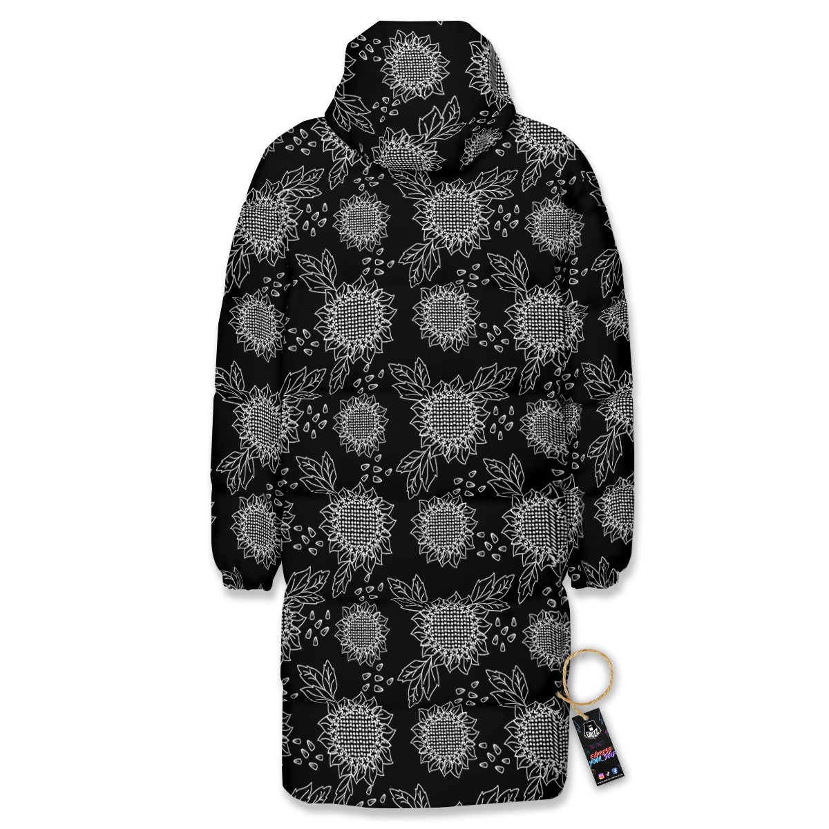 Black Sunflower Print Pattern Long Down Jacket-grizzshop