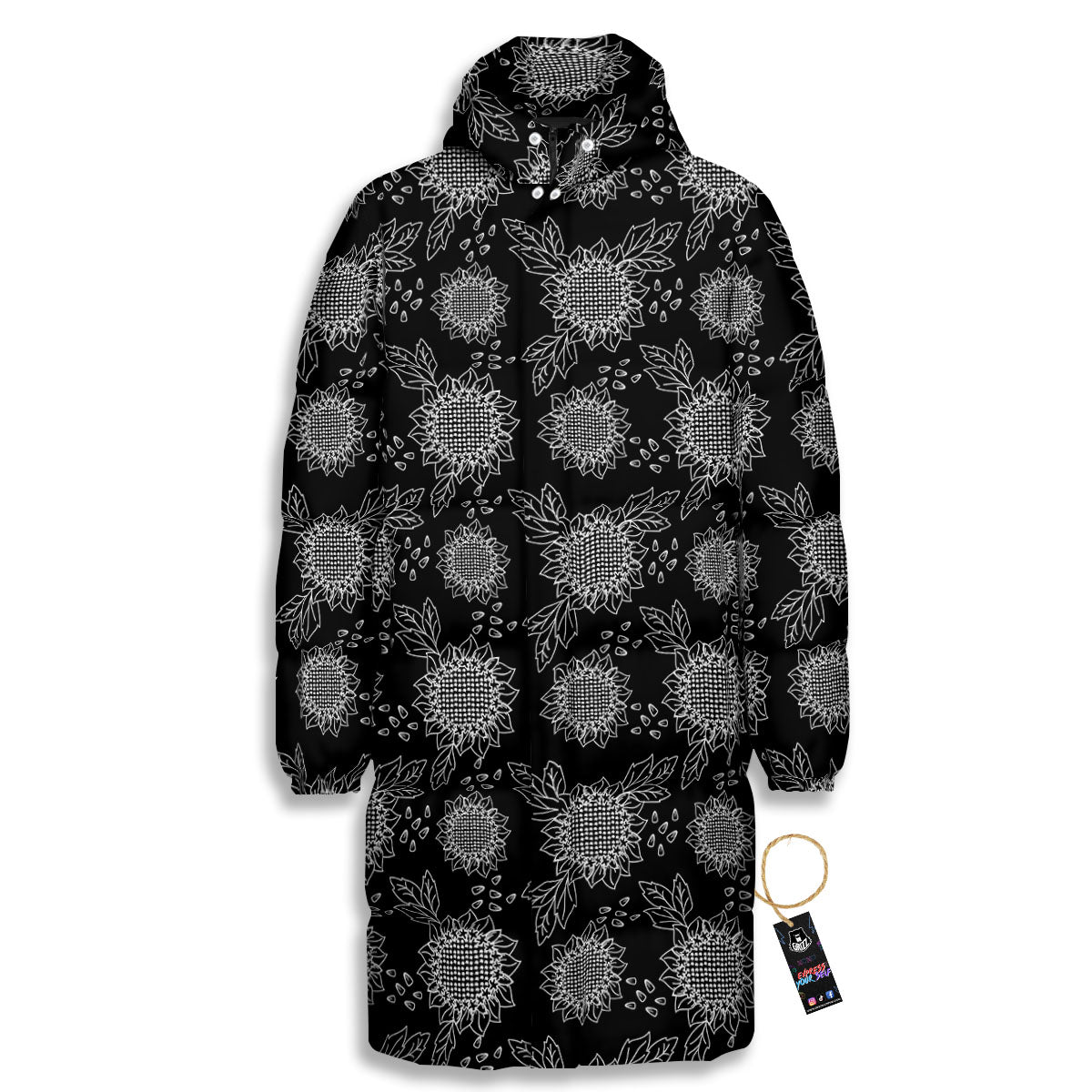 Black Sunflower Print Pattern Long Down Jacket-grizzshop