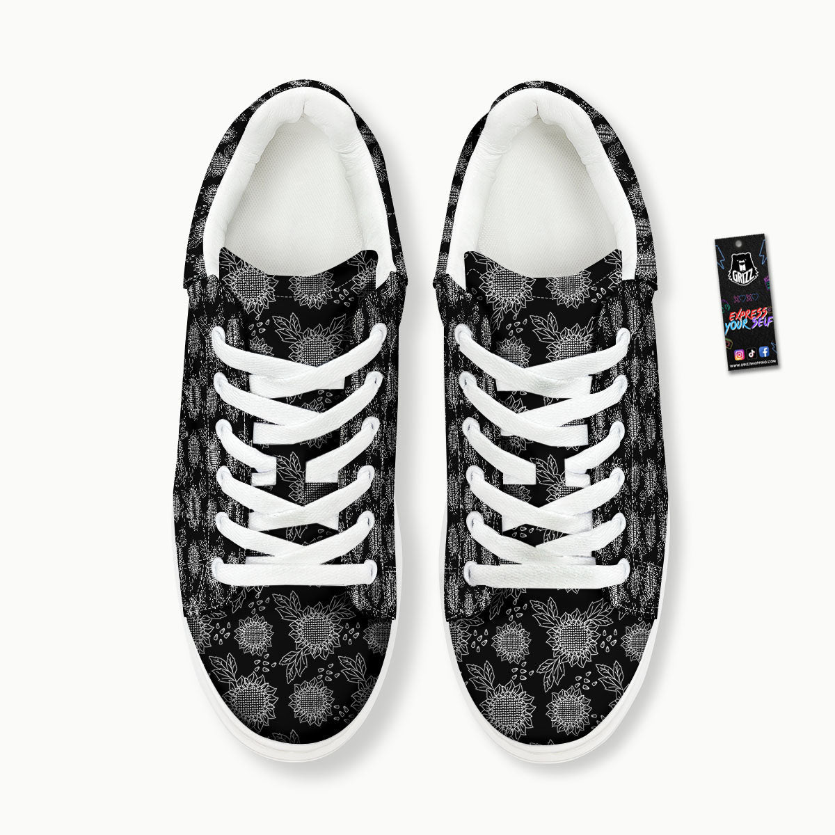 Black Sunflower Print Pattern Platform Shoes-grizzshop