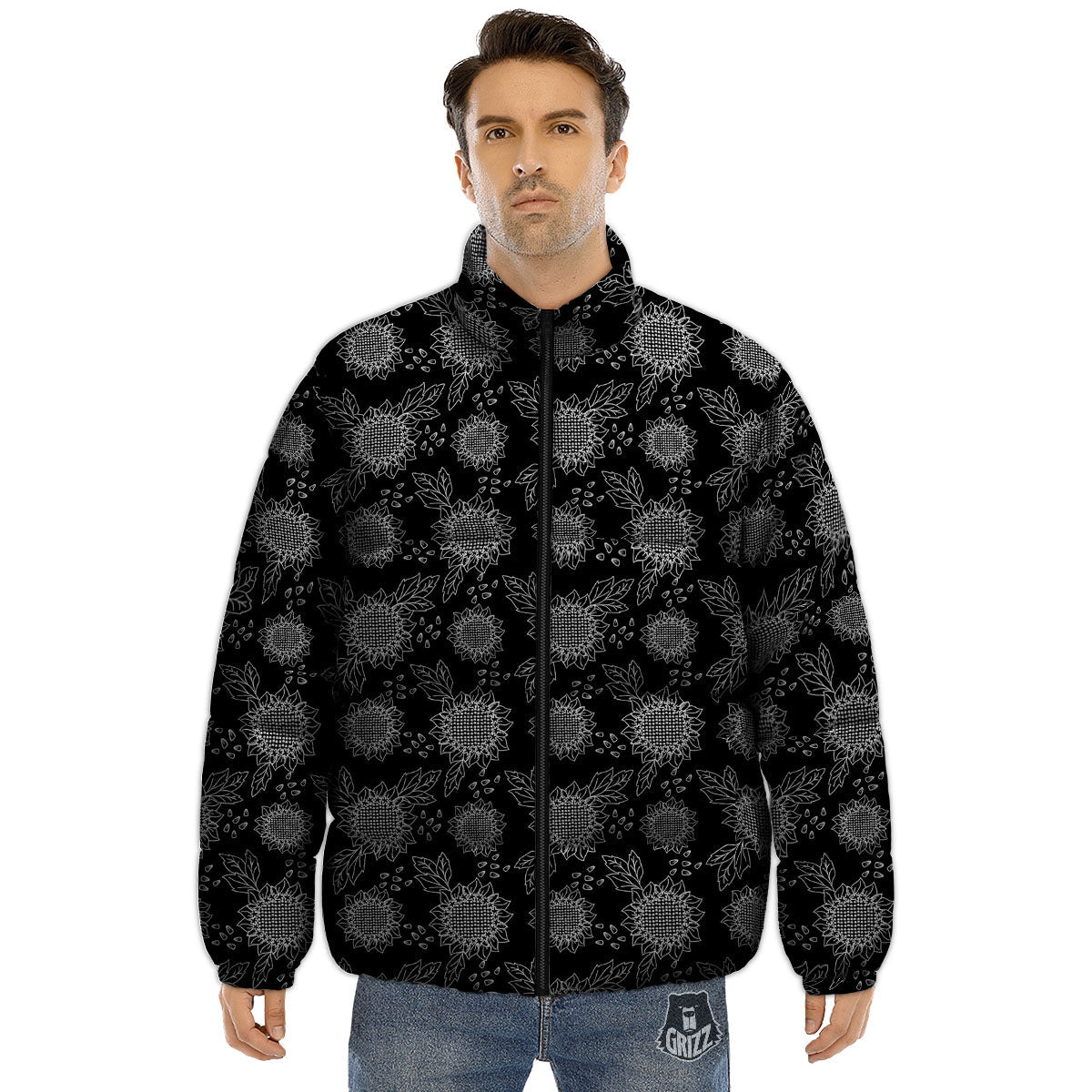 Black Sunflower Print Pattern Puffer Jacket-grizzshop