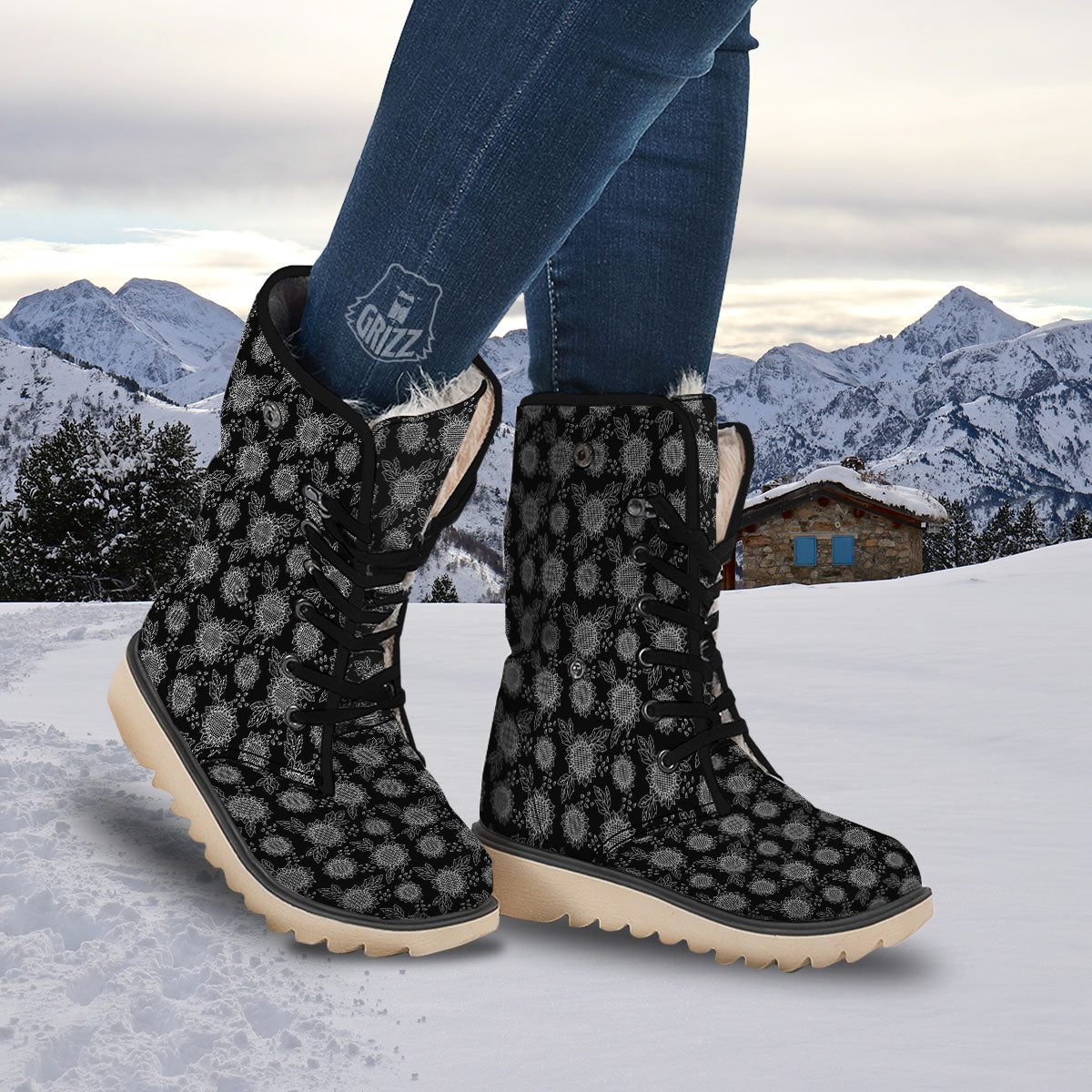 Black Sunflower Print Pattern Snow Boots-grizzshop