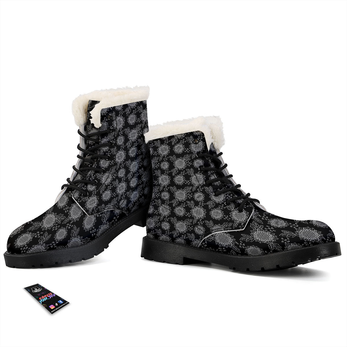 Black Sunflower Print Pattern Winter Boots-grizzshop