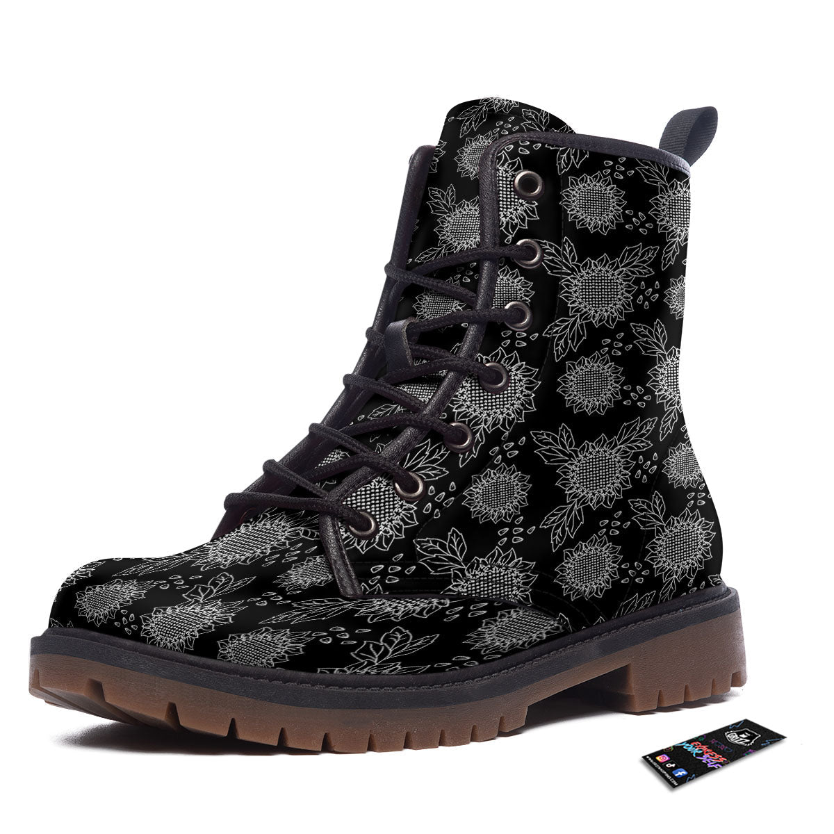 Black Sunflower Print Pattern Work Boots-grizzshop