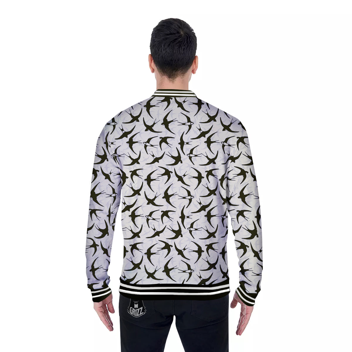 Black Swallow Vintage Print Pattern Baseball Jacket-grizzshop