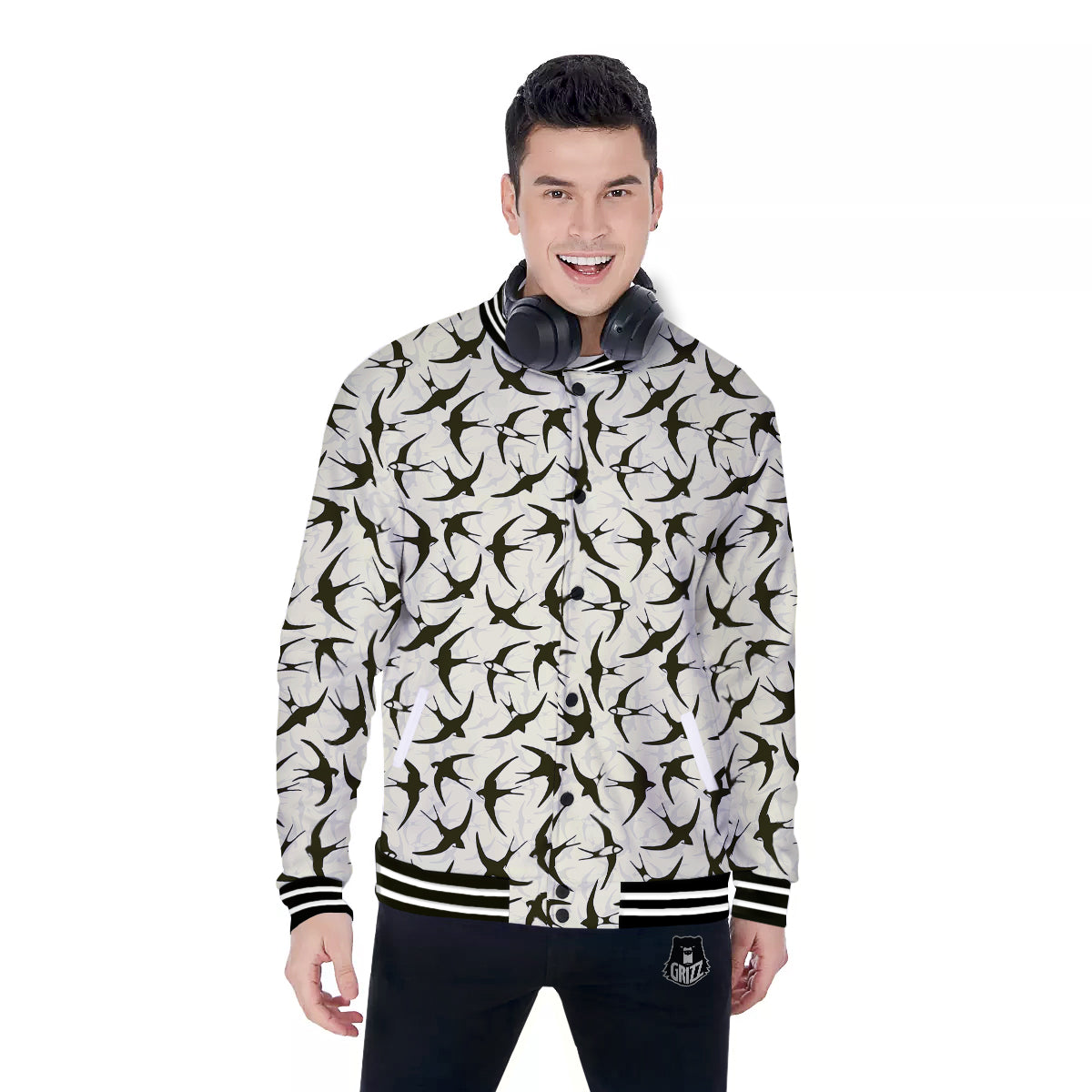 Black Swallow Vintage Print Pattern Baseball Jacket-grizzshop