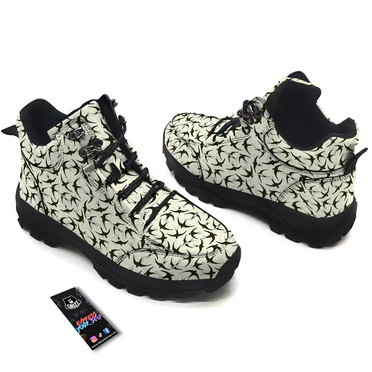 Black Swallow Vintage Print Pattern Hiking Shoes-grizzshop