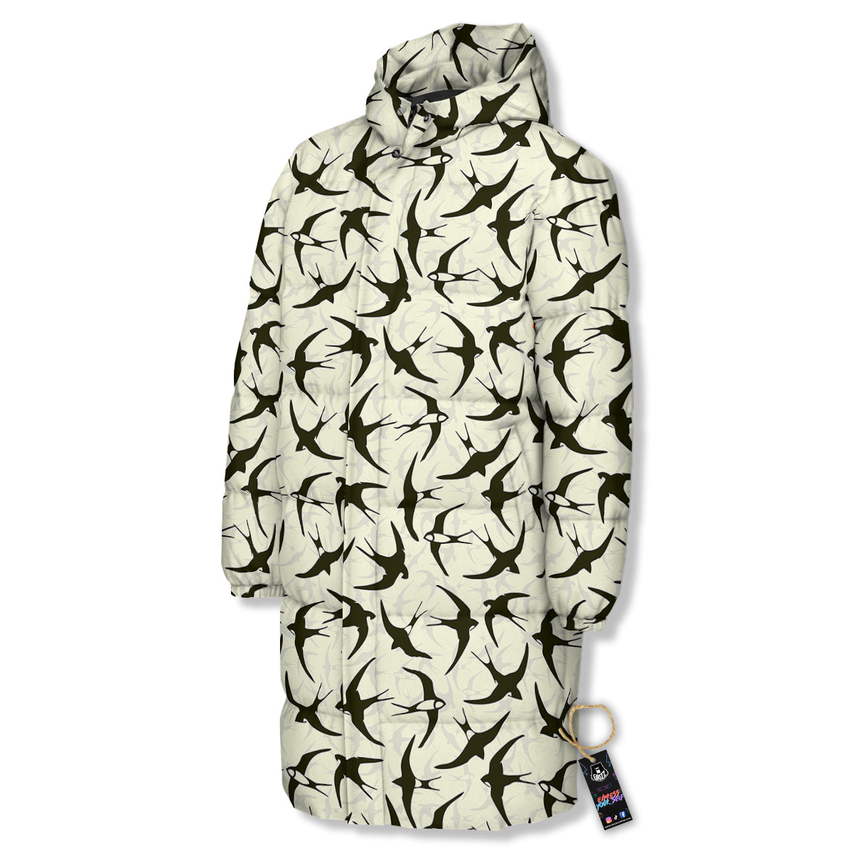 Black Swallow Vintage Print Pattern Long Down Jacket-grizzshop