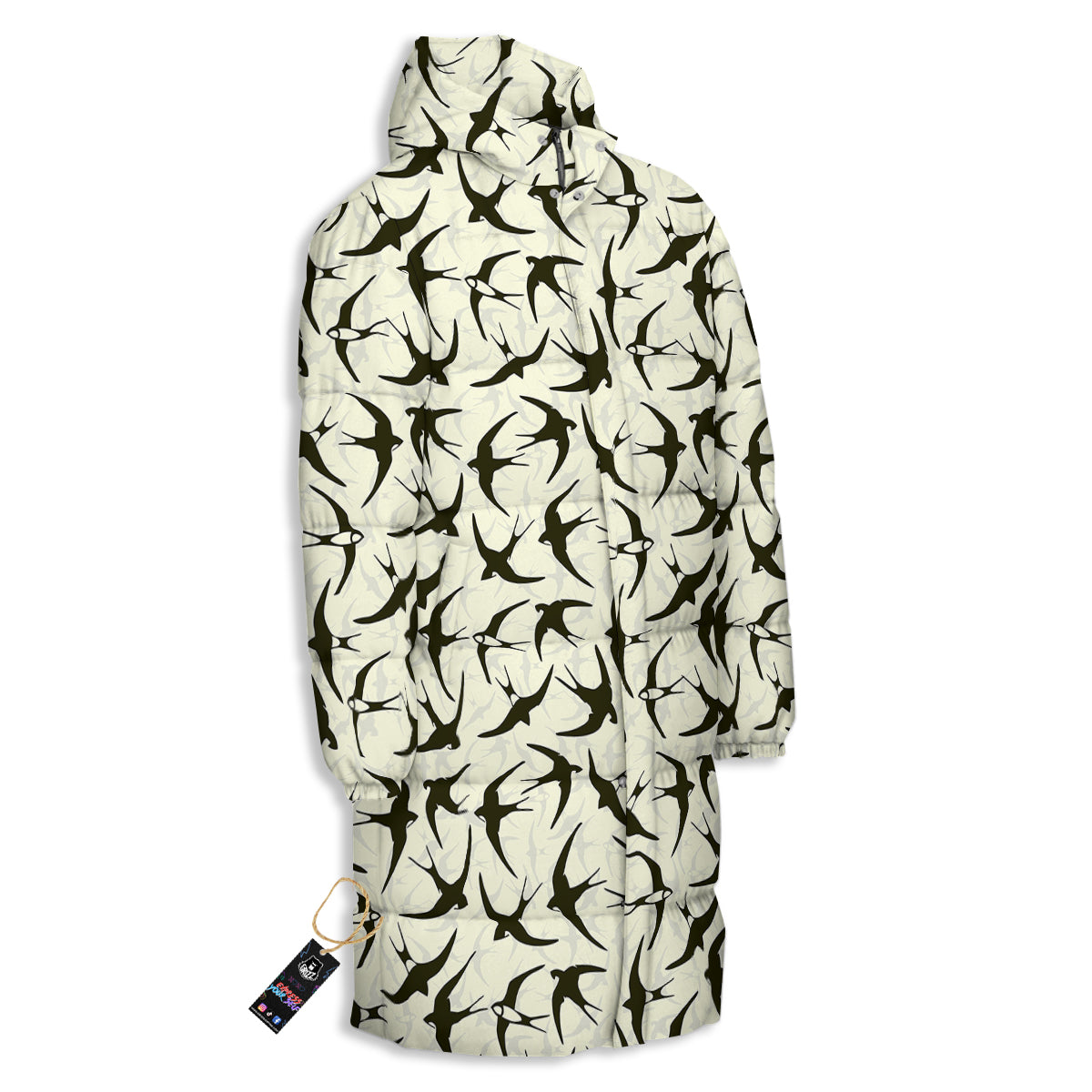 Black Swallow Vintage Print Pattern Long Down Jacket-grizzshop
