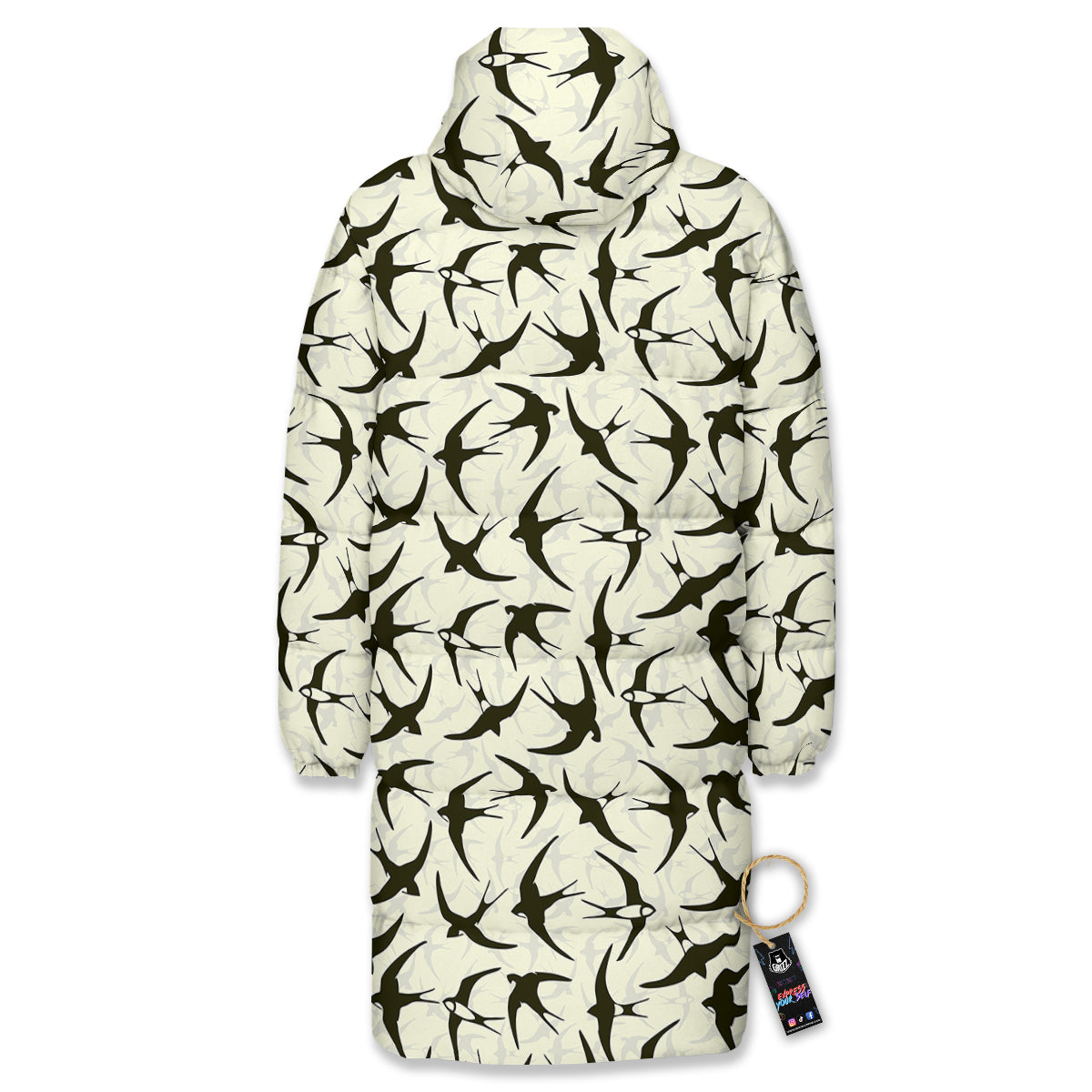 Black Swallow Vintage Print Pattern Long Down Jacket-grizzshop