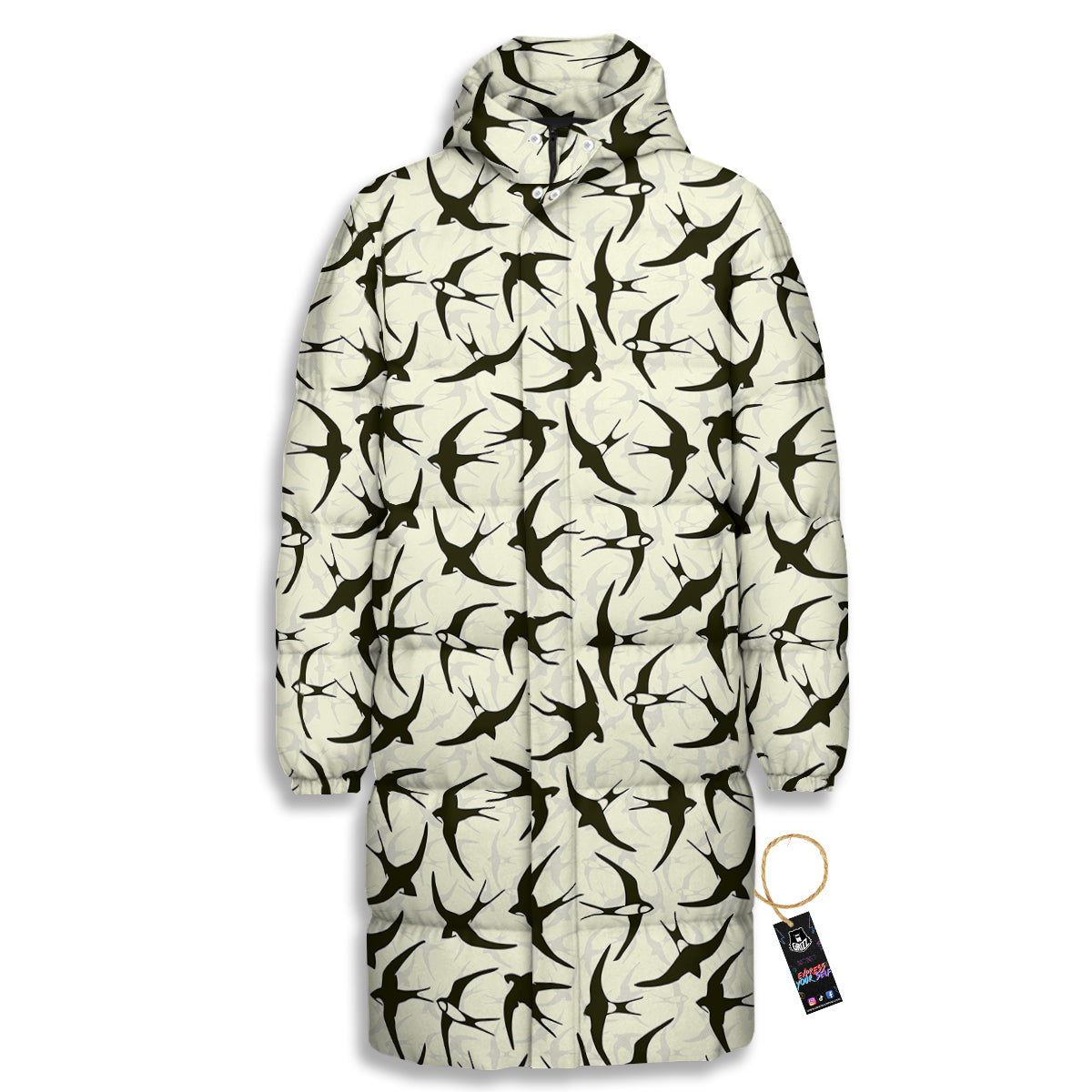Black Swallow Vintage Print Pattern Long Down Jacket-grizzshop