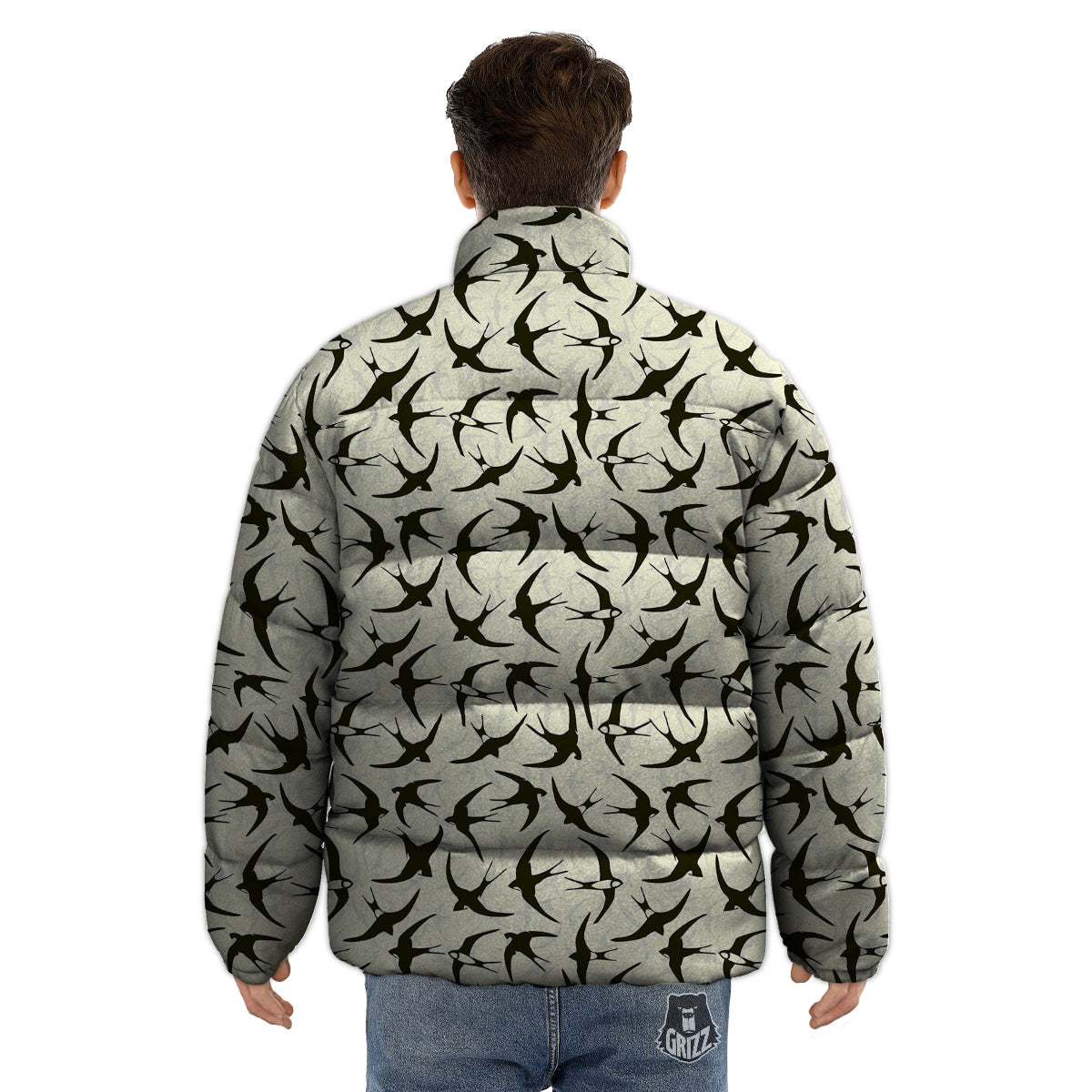 Black Swallow Vintage Print Pattern Puffer Jacket-grizzshop