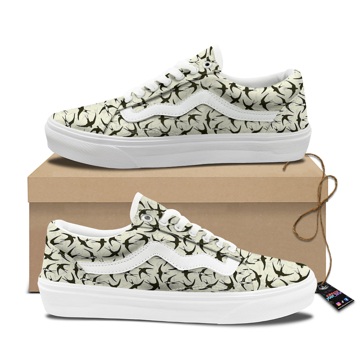 Black Swallow Vintage Print Pattern Skate Shoes-grizzshop