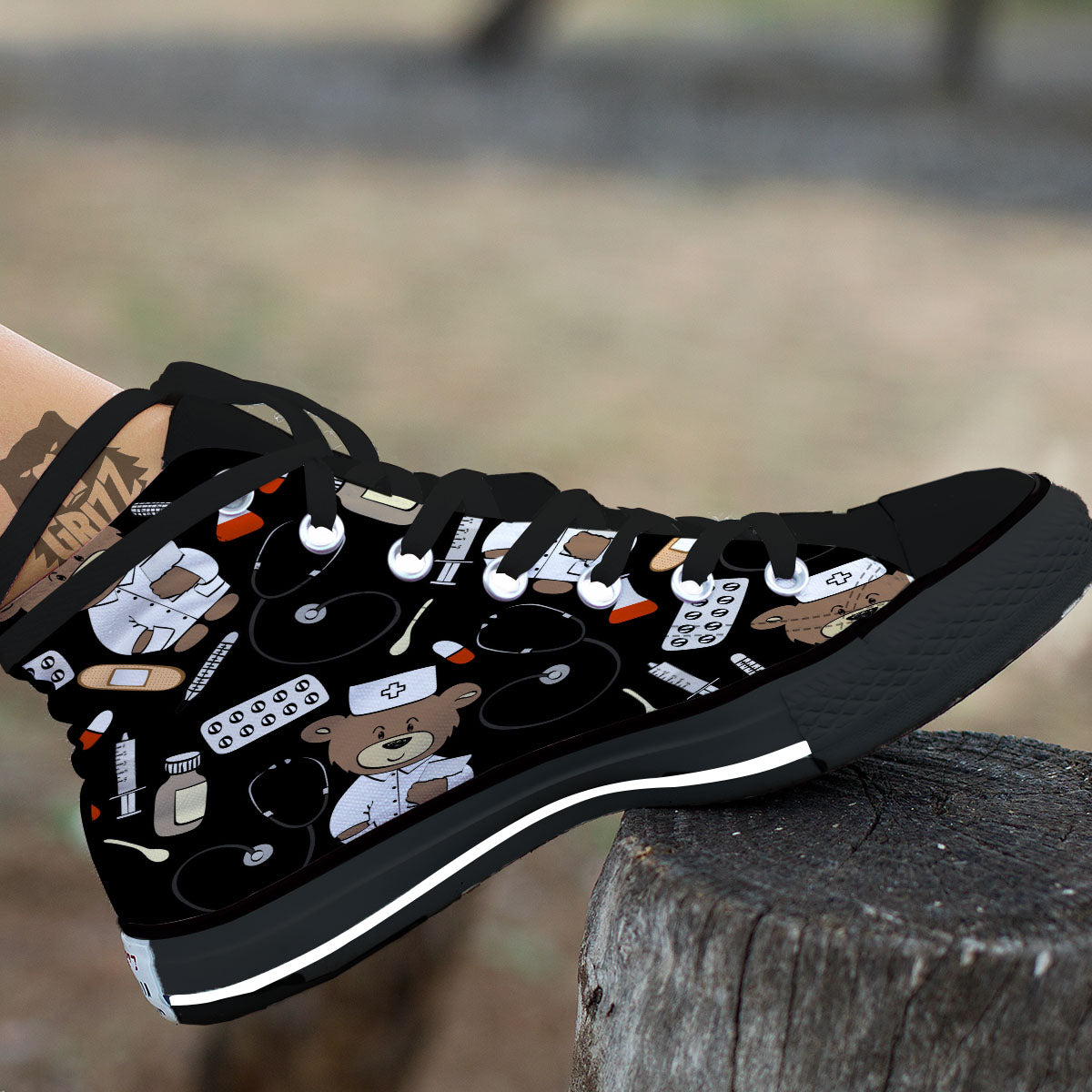 Black Teddy Bear Nurse Black High Top Shoes-grizzshop