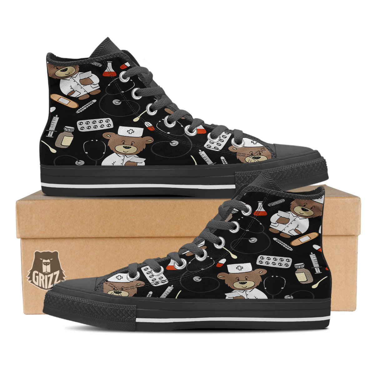 Black Teddy Bear Nurse Black High Top Shoes-grizzshop