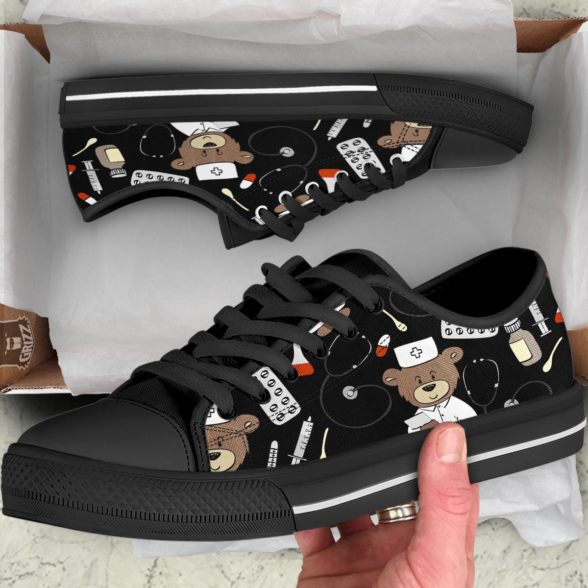 Black Teddy Bear Nurse Black Low Top Shoes-grizzshop