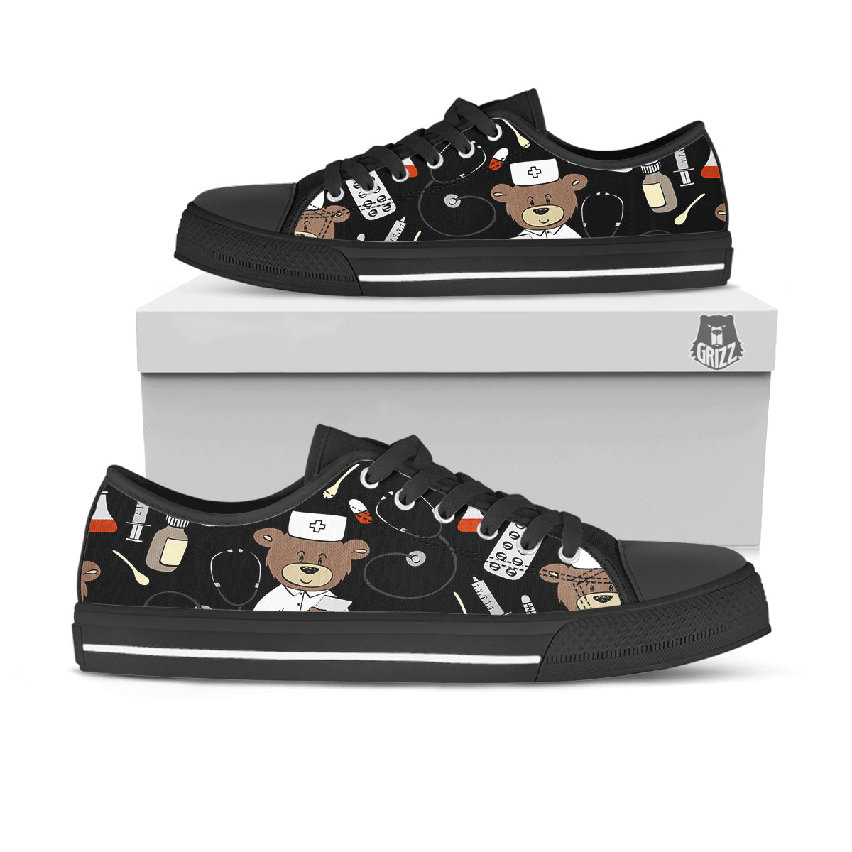 Black Teddy Bear Nurse Black Low Top Shoes-grizzshop