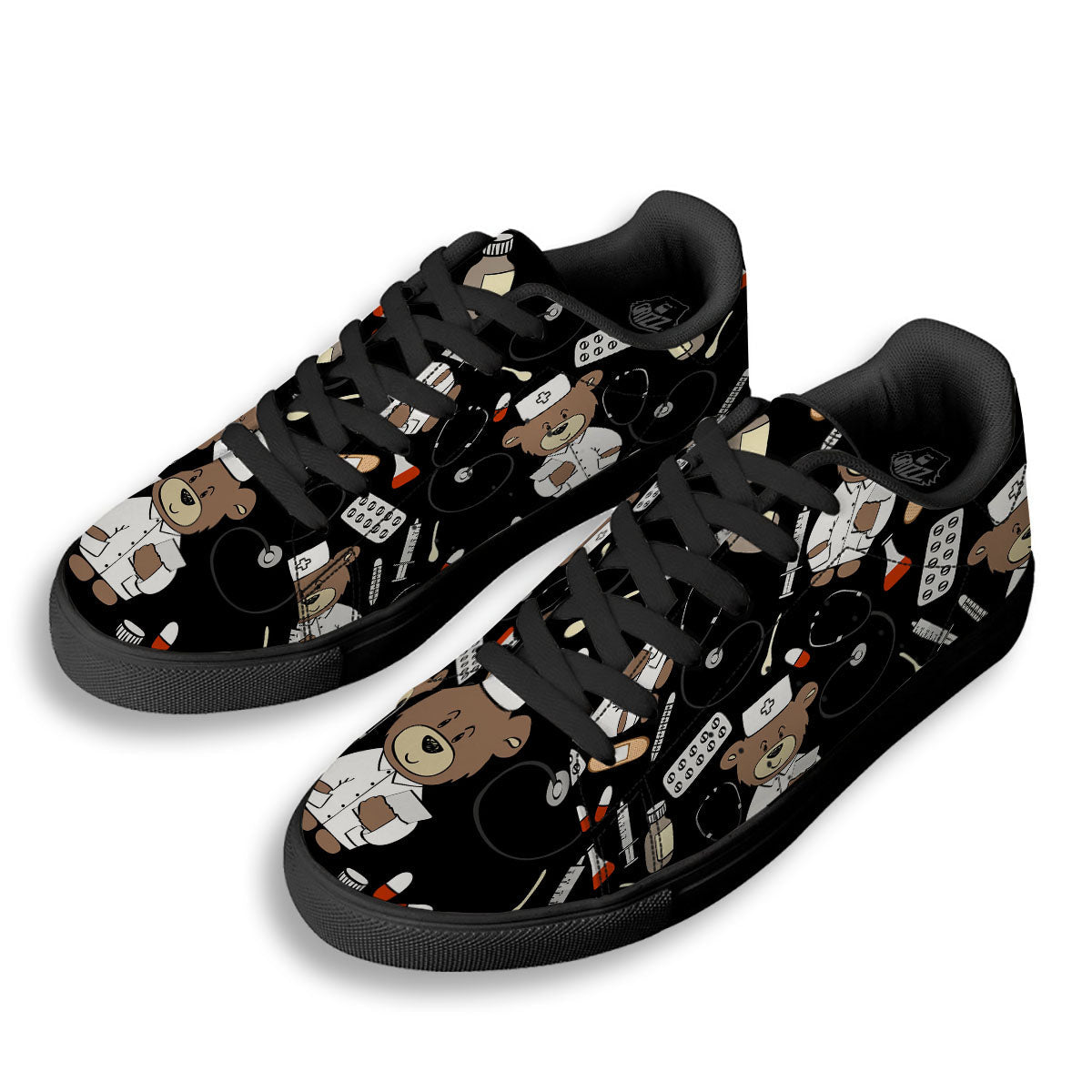 Black Teddy Bear Nurse Black Low Top Sneakers-grizzshop
