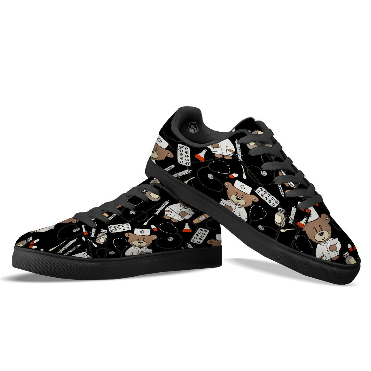 Black Teddy Bear Nurse Black Low Top Sneakers-grizzshop
