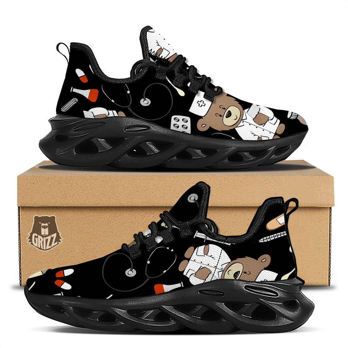 Black Teddy Bear Nurse Black Running Shoes-grizzshop