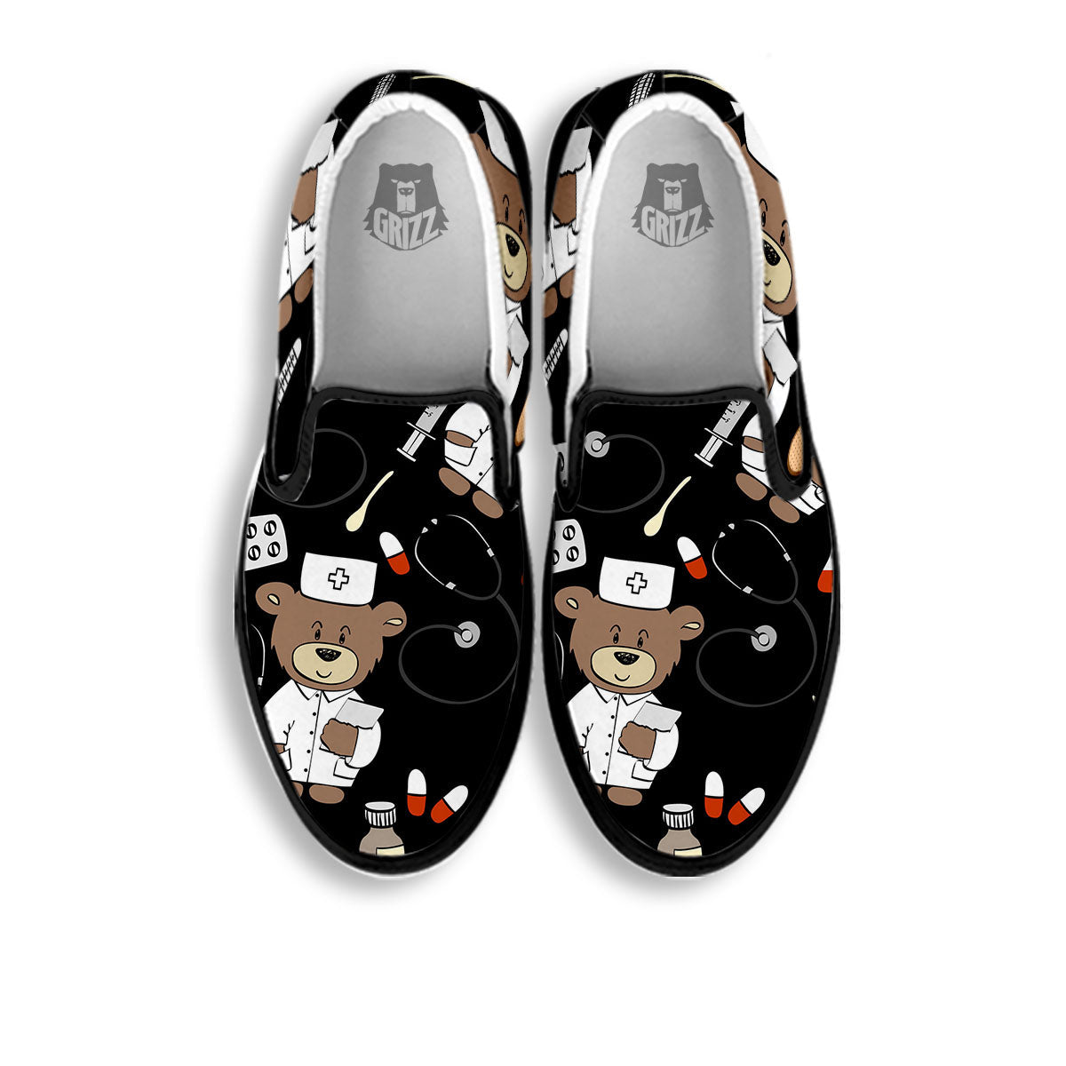 Black Teddy Bear Nurse Black Slip On Shoes-grizzshop