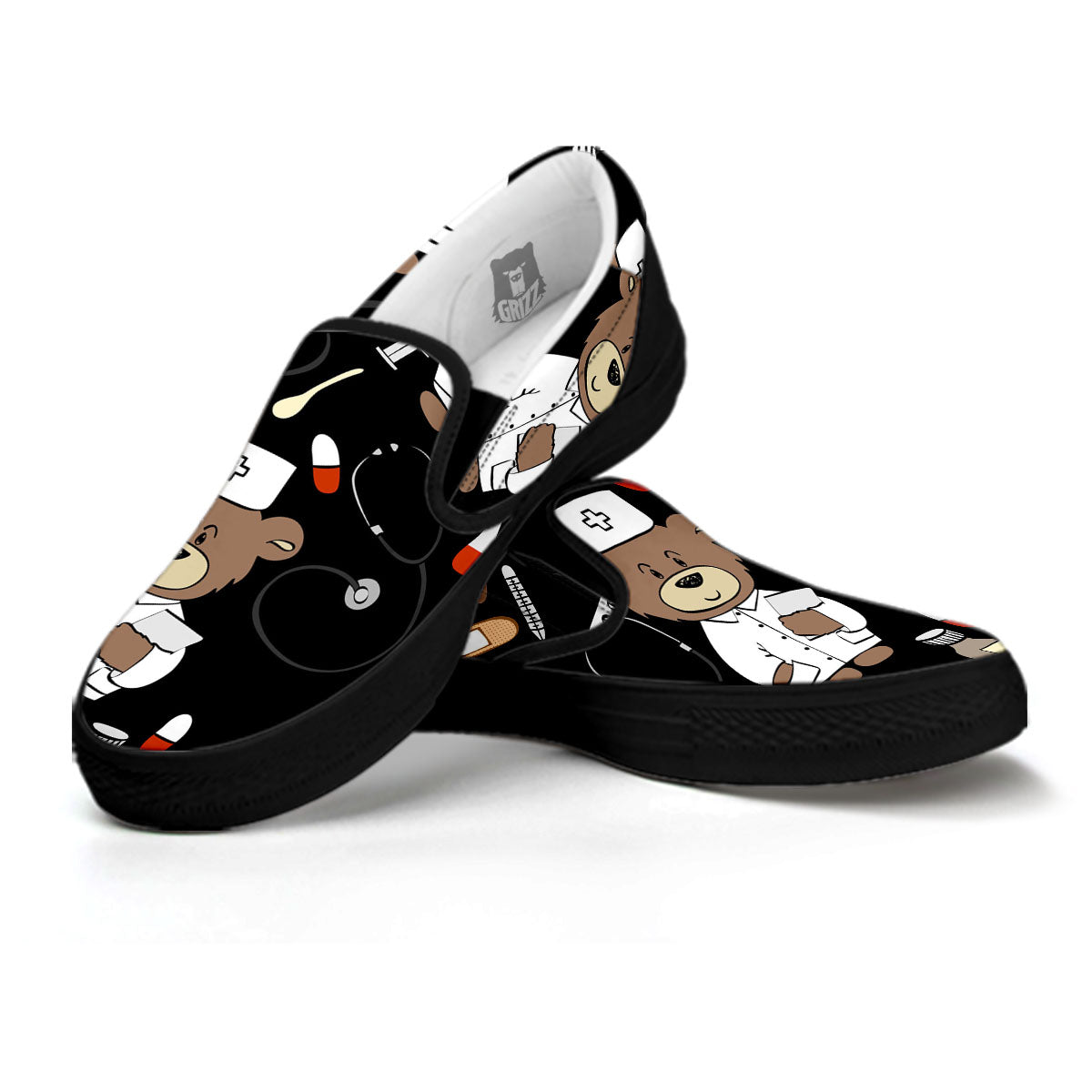 Black Teddy Bear Nurse Black Slip On Shoes-grizzshop