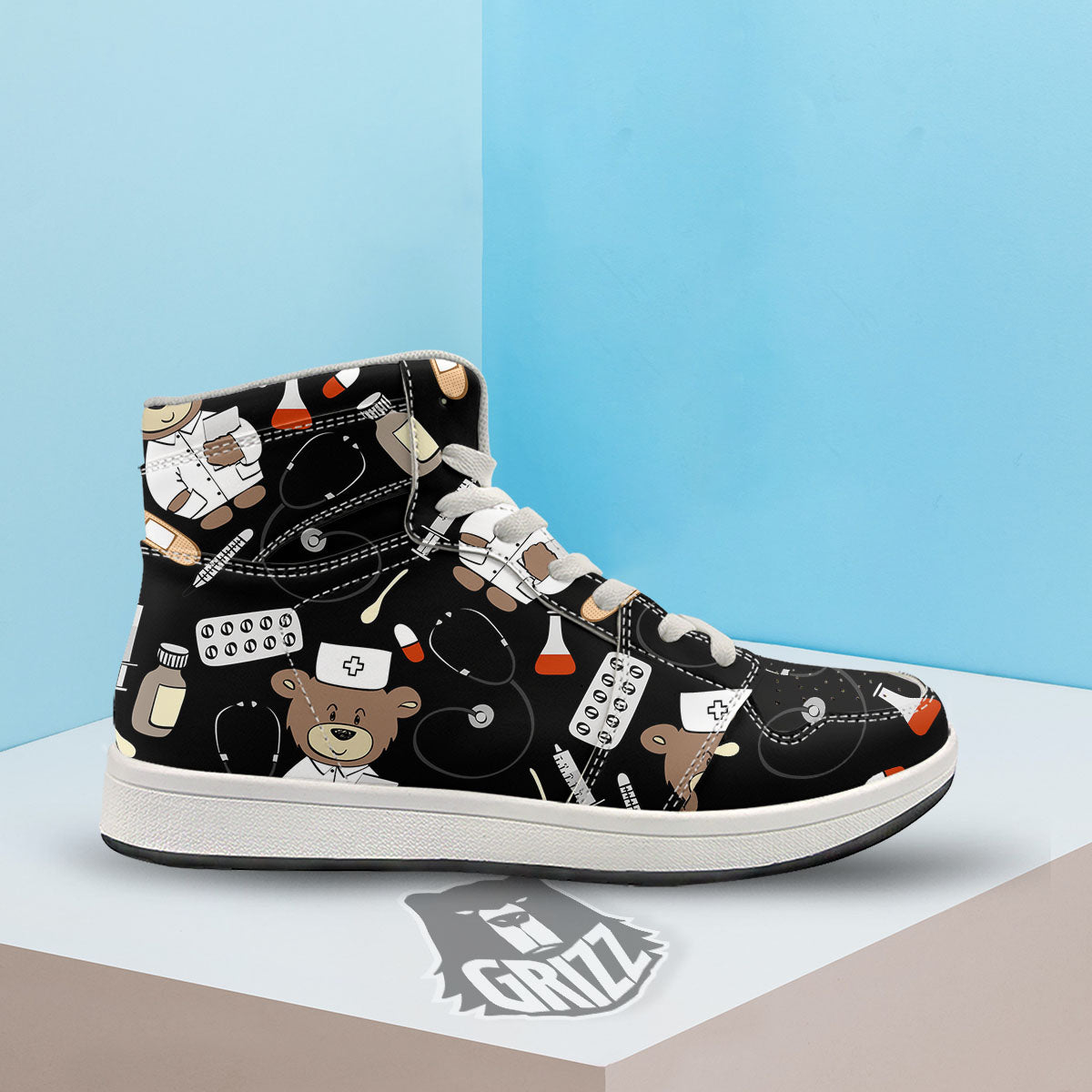 Black Teddy Bear Nurse High Top Sneakers-grizzshop