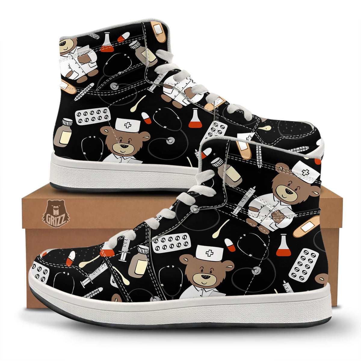 Black Teddy Bear Nurse High Top Sneakers-grizzshop